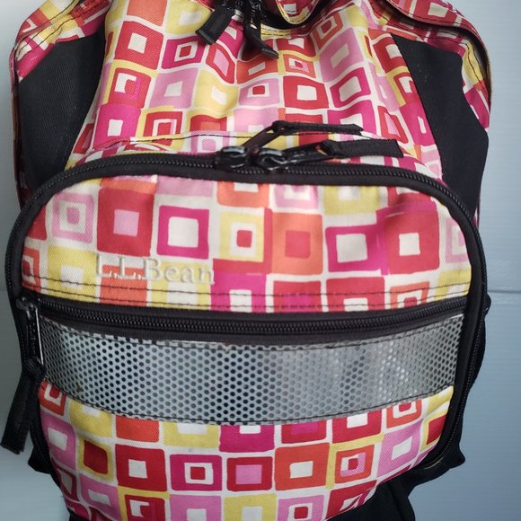LL BEAN abstract design Backpack pink red yellow white black reflective strip + - Picture 2 of 11
